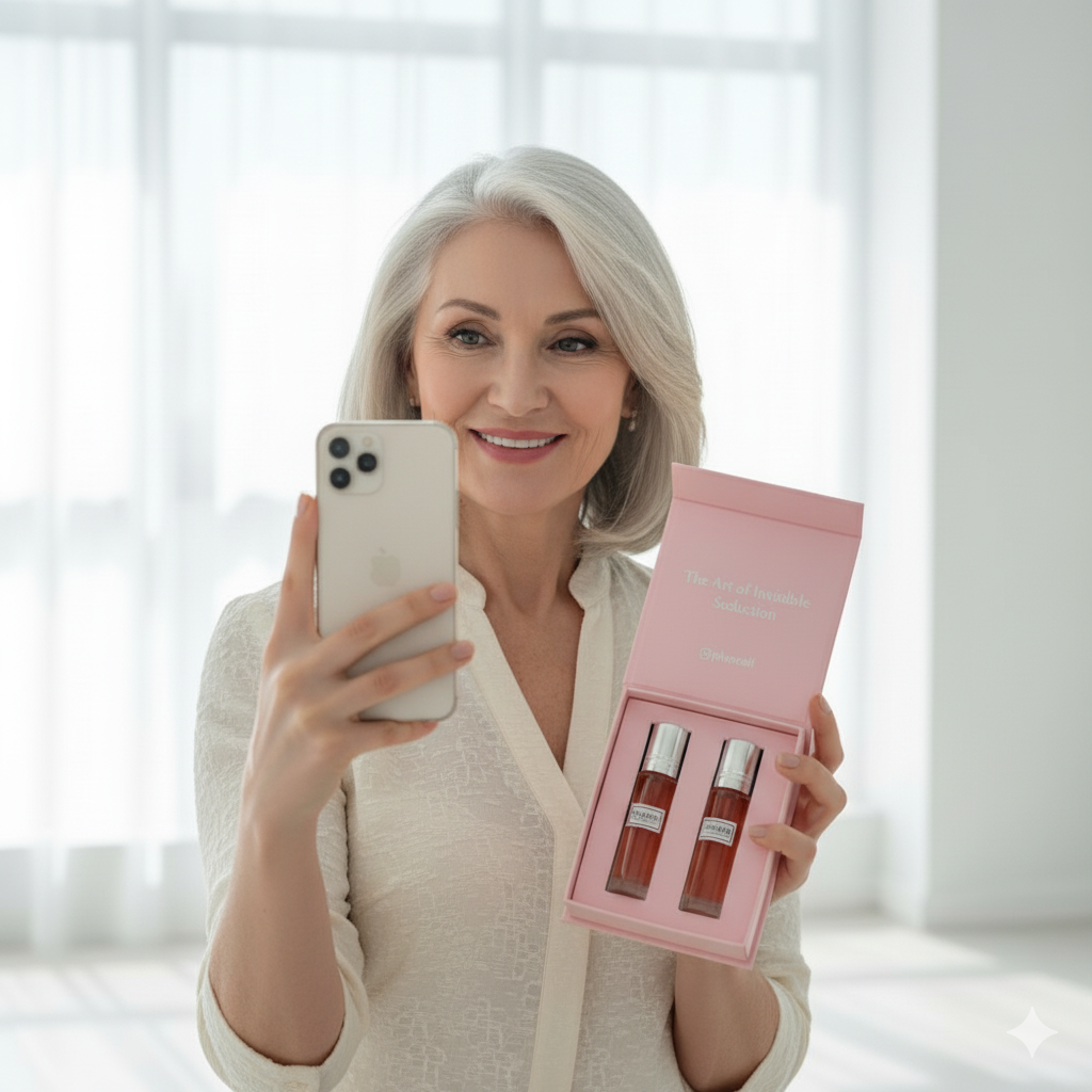 Mujer sosteniendo el estuche Pheroeli con dos perfumes