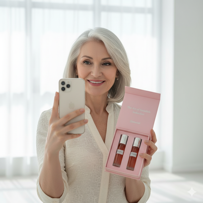 Mujer sosteniendo el estuche Pheroeli con dos perfumes